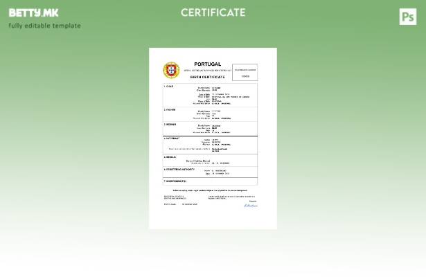 модерен стил Португалија извод од матична книга на родени Шаблон за Word и PDF